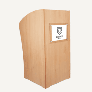Wide wooden security guard podium with acrylic poster pocket on the front, with "security shields logo" on the front.