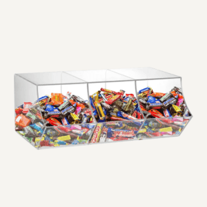 A 3 container, clear acrylic sweet pick and mix unit with individually wrapped chocolates inside.