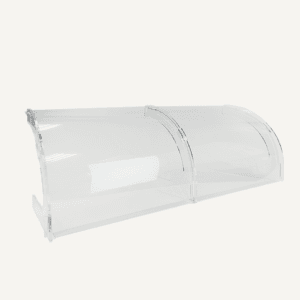 A clear curved acrylic portable food screen.