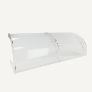 A clear curved acrylic portable food screen.