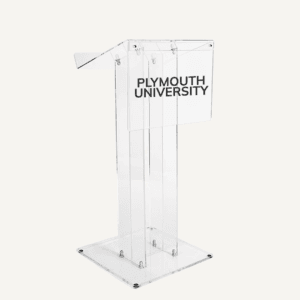 A clear lectern with a logo saying "Plymouth University" against a plain background.