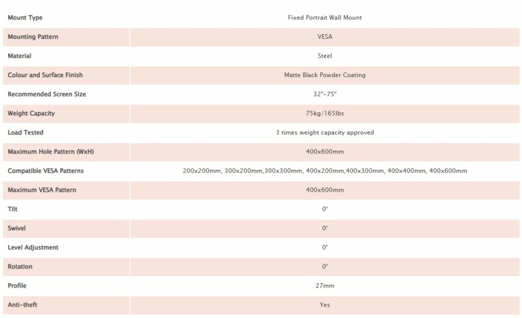 A spec sheet for digital advertising screen wall mount.