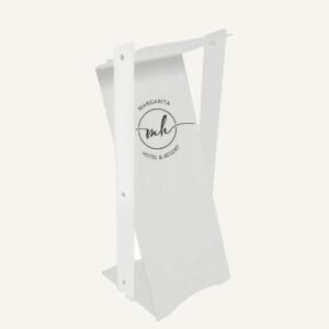 A white, modern lectern featuring the "Margarita Hotel & Resort" logo on the front, with a sleek, minimalist design and smooth, curved lines