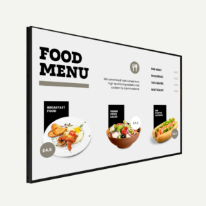 A Digital Signage Menu Board with e food menu on the screen.