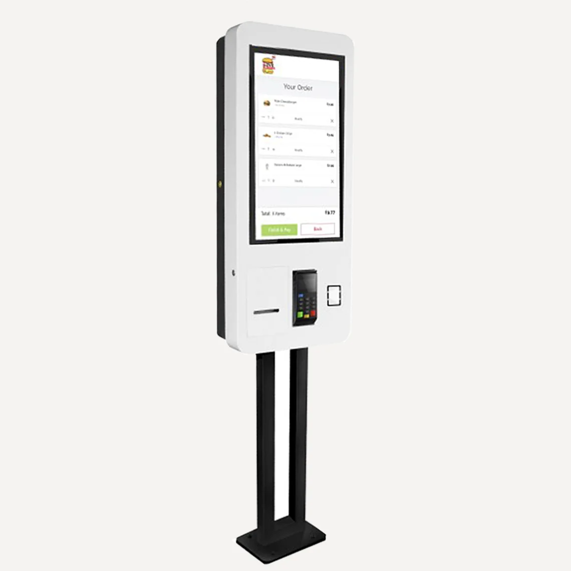 A Fast Food & Restaurant Self Ordering Kiosk with a floor stand.