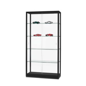 A black cabinet with 4 shelves, sliding doors and model cars on display.