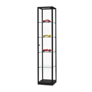 A black display cabinet with 4 shelves and model cars on display.