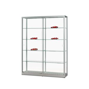 A silver display cabinet with sliding doors and model cars on display.
