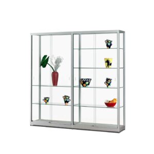 A silver display case with sliding doors, shelves and different vases on display.