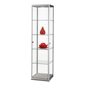 A silver display cabinet with 4 shelves and vases on display.