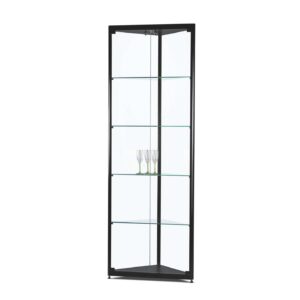 A black display cabinet with 4 shelves and wine glasses inside.