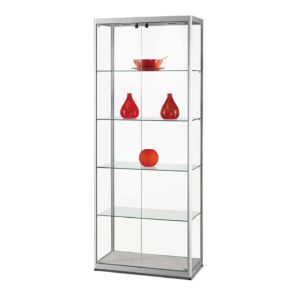 A silver display cabinet with front doors and vases on display.