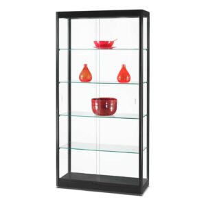 A black display case with 4 shelves, sliding doors and vases on display.