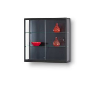 A black, wall mounted display case with two shelves and vases on display.