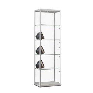 A silver glass display cabinet with 4 shelves.