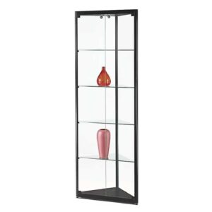A black corner cabinet with 4 shelves and vases on display.