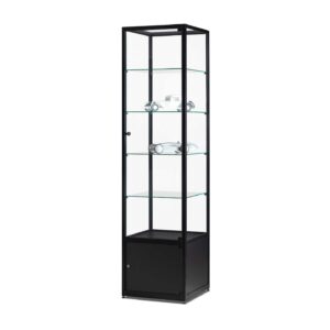 A black collectables display cabinet with 4 shelves and storage.