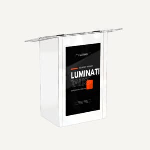 Picture of a lectern with a large digital screen on the front which reads "Fourdot Affinity Luminati Talks"