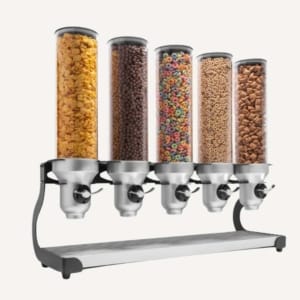 A freestanding countertop cereal and dry food dispenser with different cereals inside.