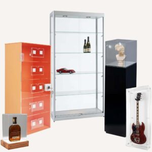 A range of display cases, cabinets and a plinth.