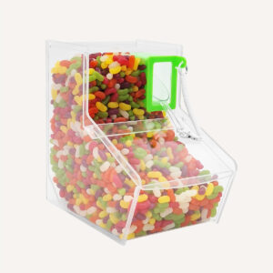 Clear Pick & Mix bin with green scoop holder, clear scoop and tether, full of jelly beans.