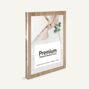 Free standing bamboo frame with clear magnetic front panel with a neutral minimalist print.