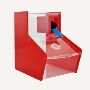 A clear acrylic pick and mix bin with red sides, an etched logo and a blue scoop with a scoop compartment.