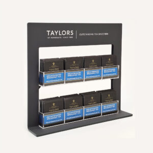 A black Taylors of Harrogate tea bag pos display stand with custom branding and clear acrylic tea bag holders.