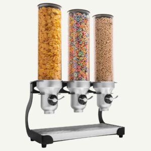 A freestanding cereal dispenser with three cylinders, holding different cereals.