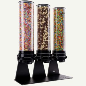 A black and clear three cylinder candy dispenser filled with different types of colourful sweets.