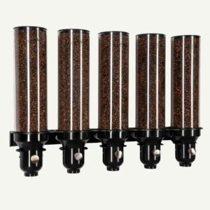 A front facing view of a wall mounted black and clear five cylinder coffee bean dispenser filled with coffee beans.