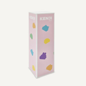 One custom branded pink product display plinth.