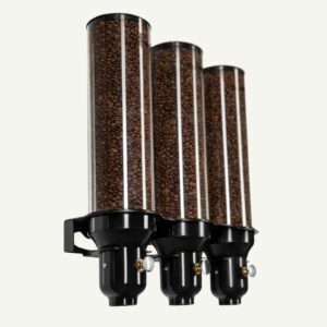 A black and clear three compartment, wall mounted coffee bean dispenser with dispenser knobs.