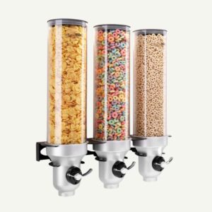 A black and silver, three cylinder, wall mounted cereal dispenser with different cereals inside.