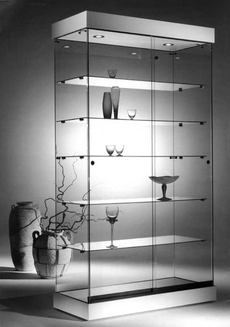 Black and white photo of a display case