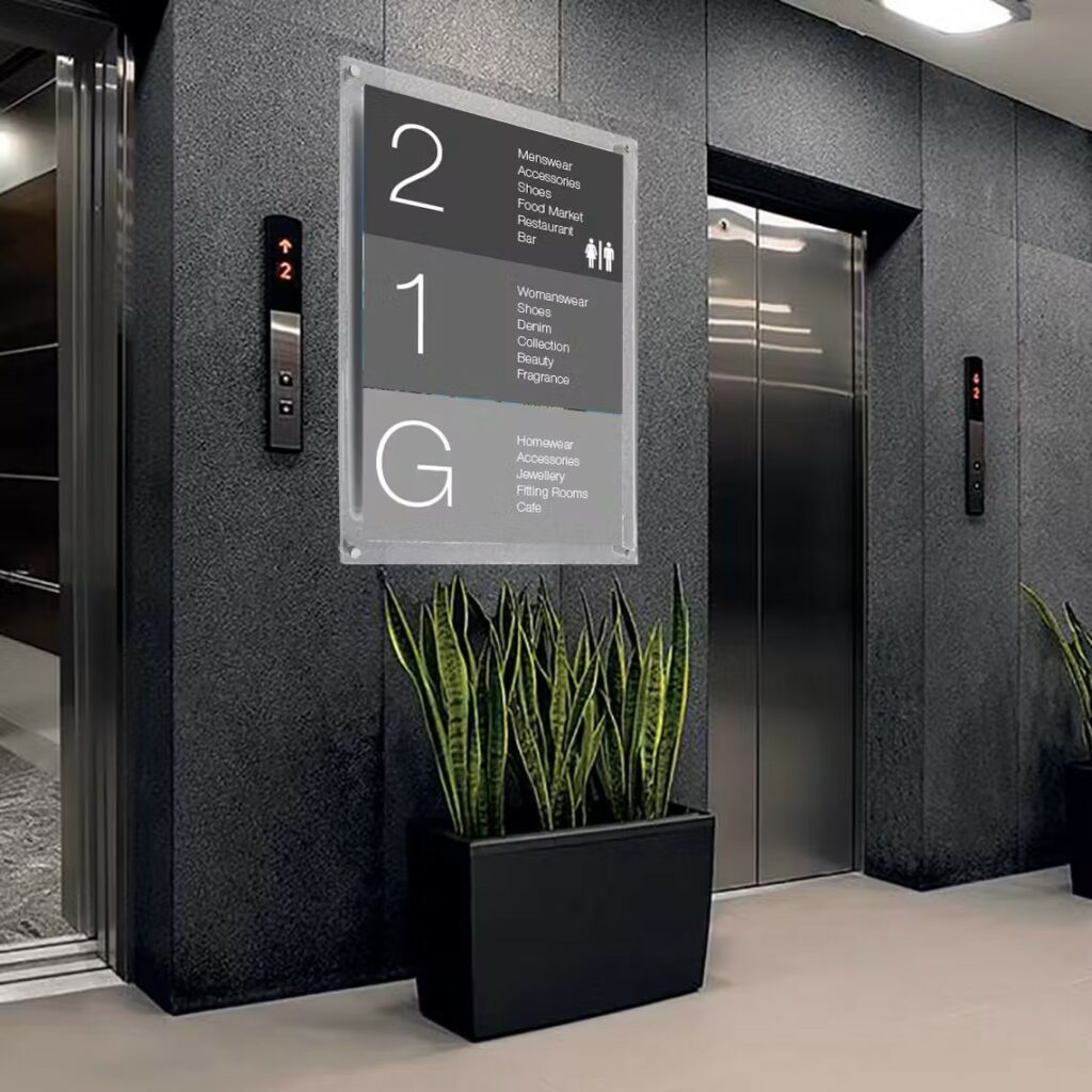 A wayfinding floor sign next to a couple of elevators.