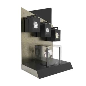 A countertop watch display holding some watches.