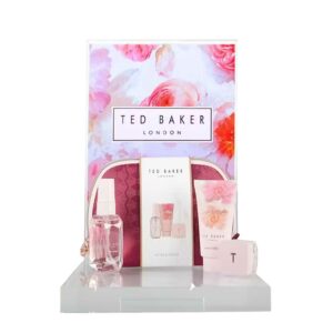 A ted baker countertop product glorifier featuring perfume and skincare items.