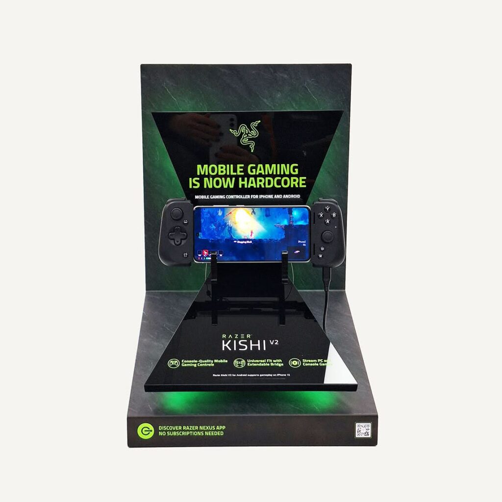 Razer countertop gaming console display with illumination.