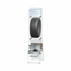 Clear acrylic tyre stand with branding, Printed logo & information panel.