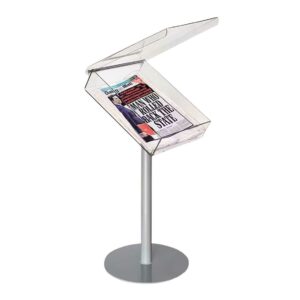 A newspaper dispenser with an open clear acrylic lid and silver base.