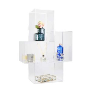 Four display cubes stacked on top of one another with products inside.
