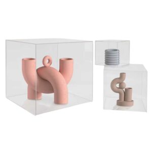 Three small display cubes with decorative objects inside.