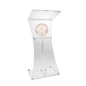 A clear acrylic lectern with a logo.
