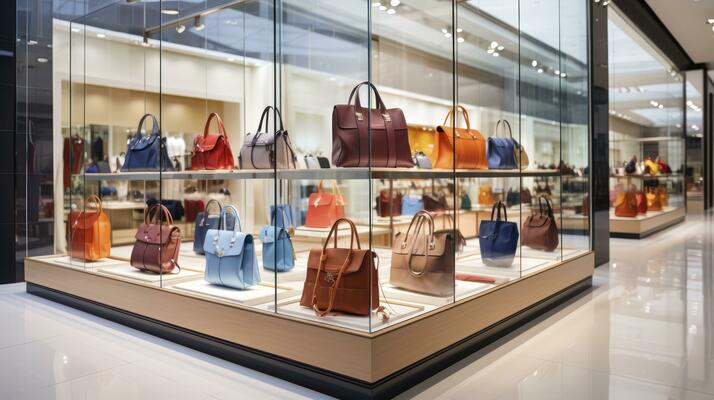 Handbags in clear display cases.