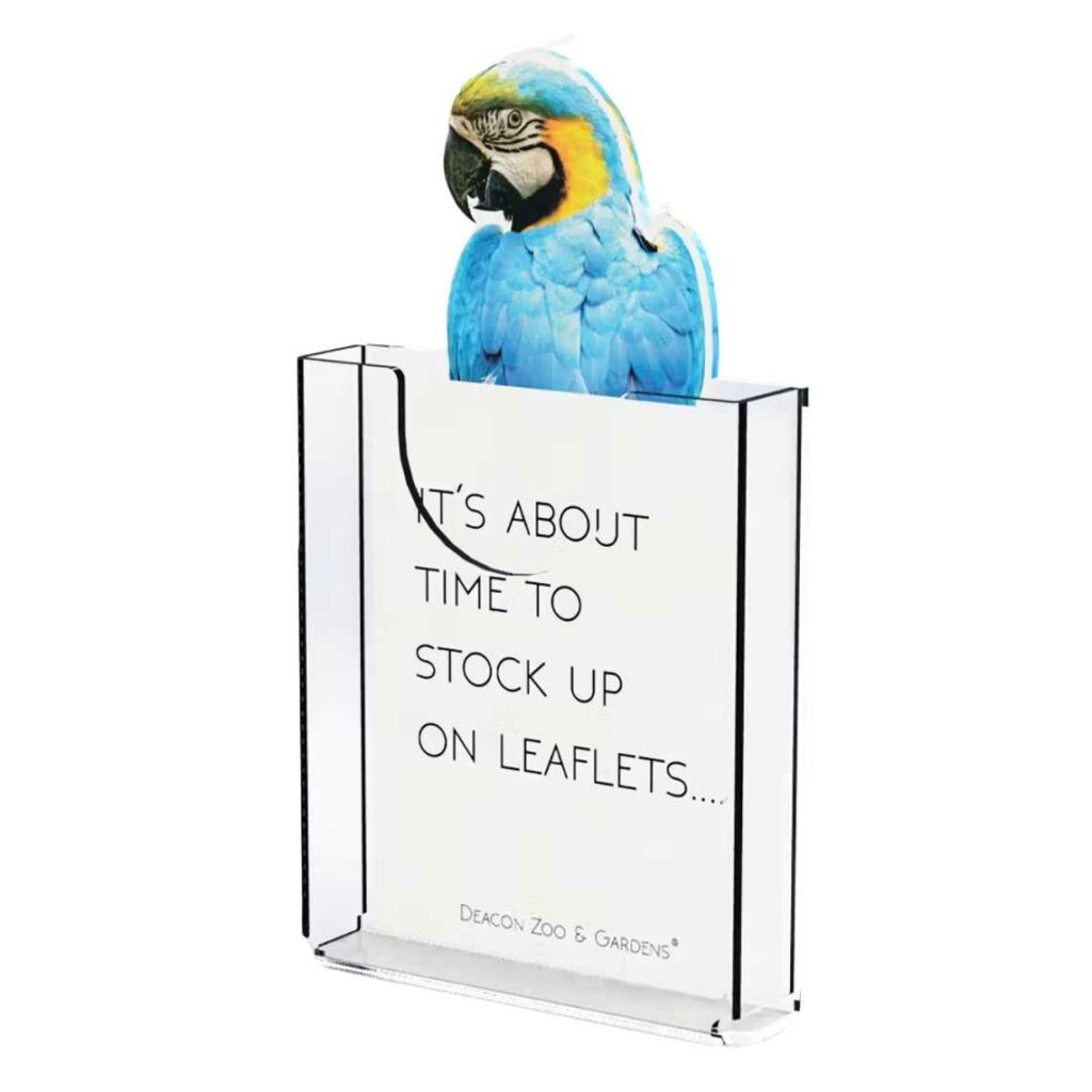 A custom leaflet holder with a graphic of a parrot.