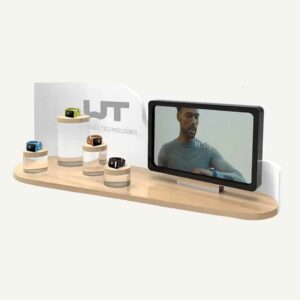 A product glorifier stand with a digital screen.