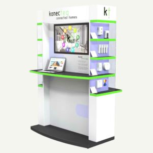 A product display unit with a digital screen.