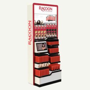 A makeup display unit with a digital screen.