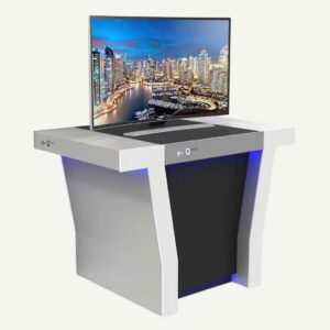 A product display table with a digital screen.